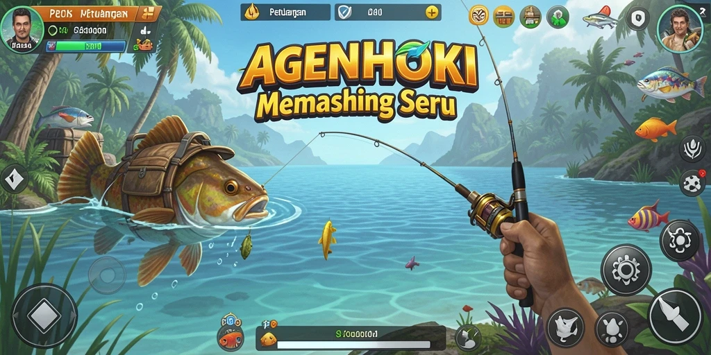 Screenshot menunjukkan gameplay seru saat menangkap ikan di AGENHOKI.