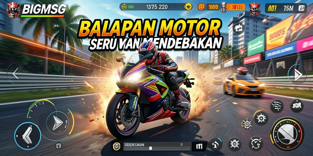 Screenshot menampilkan pengendara motor di lintasan balap yang menegangkan.