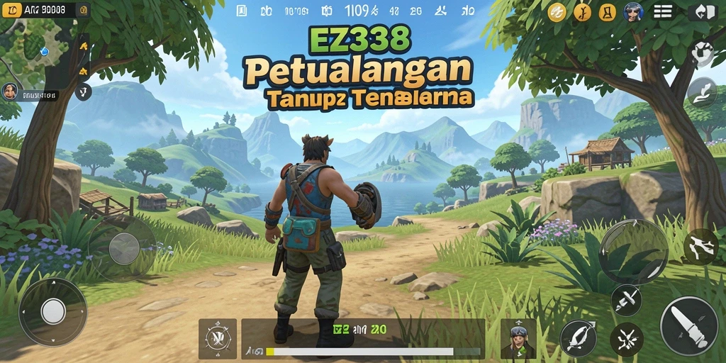 Screenshot gameplay EZ338 menampilkan karakter menjelajahi hutan lebat.