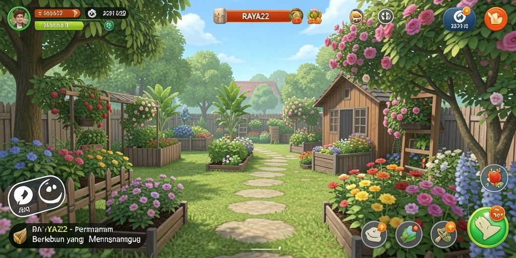 Screenshot gameplay RAYA22 yang menunjukkan ladang subur dan hewan ternak.