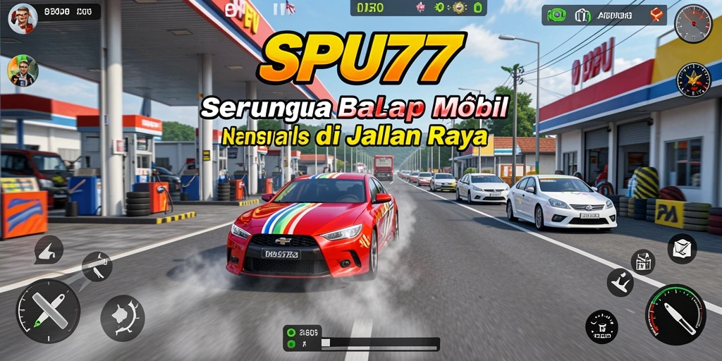 Tangkapan layar SPBU77 menampilkan aksi balap mobil yang mendebarkan.